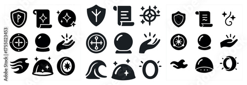 Magic and mystical silhouette icons set – enchanted, spell, wizardry symbols