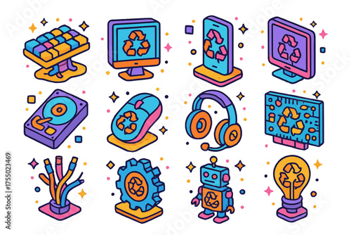 Upcycled Tech Icons. Upcycled Sculptures. Colorful isometric vector icons set of upcycled sculptures: keyboard, computer monitor, smartphone, tablet, hard