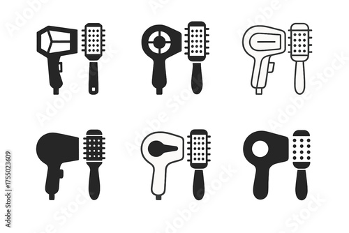 Diverse Hair Tool Logos. Blow dryer and styling tools. Set Logo of Blow dryer and styling tools: Round styling brush. harmonious logo variations of the same
