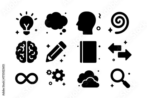 Icons of Thought. Ideas & Reflection. Solid icons set of Ideas & Reflection: light bulb, thought bubble, head silhouette, spiral, brain, pencil, notebook,