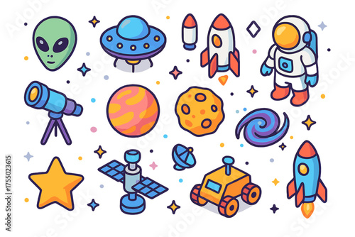 Colorful Alien Icon Set. Aliens. Colorful isometric vector icons set of aliens: alien head, UFO, spaceship, astronaut, telescope, planet, asteroid, space