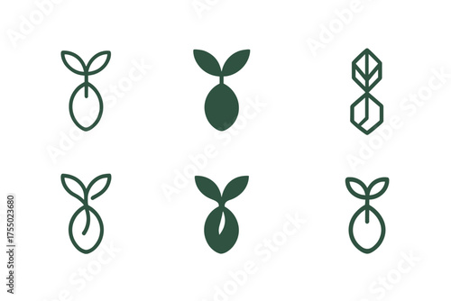 Sprouting Seed Logos. Transformational growth. Set Logo of Transformational growth: sprouting seed. harmonious logo variations of the same emblematic concept,