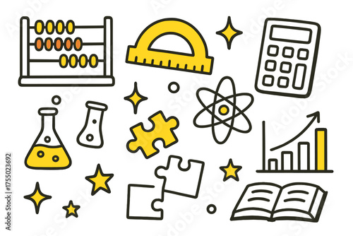 Math and Science Doodles. Math & Science. Hand-drawn doodle illustration abacus (colored), protractor (colored), calculator, beaker (colored), atom, sparkle,