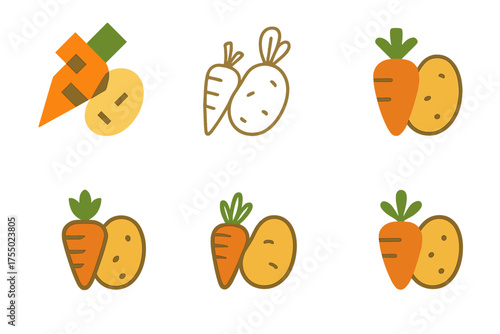 Root Vegetable Logos. Making stew. Set Logo of Making stew: root vegetables (carrot and potato). harmonious logo variations of the same emblematic concept,
