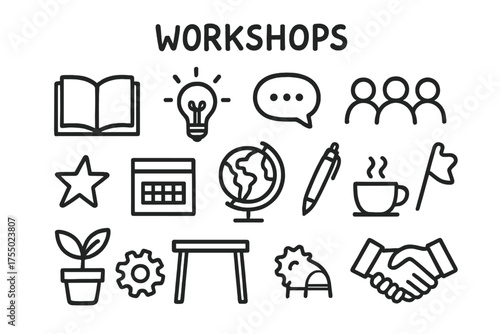 Workshop Doodle Icons. Workshops. Hand-drawn doodle illustration workshops book, lightbulb, speech bubble, people group, desk, star, calendar, globe, pen,