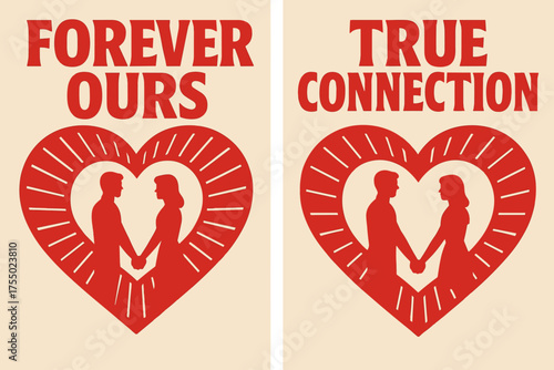 Silhouetted Love Banners. Relationship. Two vertical A6 banners with safe margins, centered composition, no elements touching edges, bold style, red and beige,