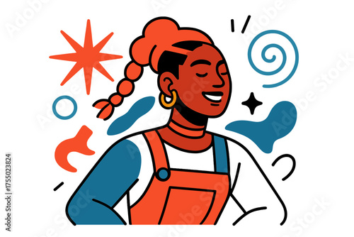 Glowing Identity Portrait. Personal Expression. A glowing portrait with unique hairstyle, accessories, and clothes, abstract spark and swirl icons symbolizing