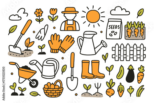 Gardening Essentials Icons. Gardening Tool. Hand-drawn doodle illustration Hoe, soil, seeds, plants, farmer, garden bed, watering can, gloves, sun, clouds,