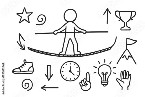 Tightrope Doodle Elements. Tightrope. Hand-drawn doodle illustration tightrope rope, person figure, balance pole, star, swirl, arrow up, arrow down, shoe,