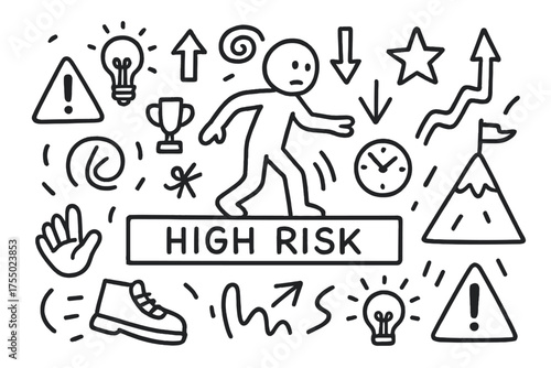 High Risk Symbols. High risk. Hand-drawn doodle illustration high risk person figure, beam, mountain, flag, star, arrow down, arrow up, shoe, hand, clock,