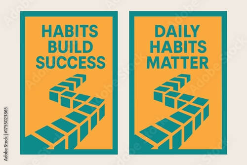 Habits Build Success. Determination. Two vertical A6 banners with safe margins, centered composition, no elements touching edges, geometric style, turquoise