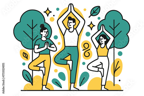 Yoga in Nature. Tree Pose Harmony. A glowing group practicing yoga near trees, abstract floating spark and leaf icons symbolizing balance with nature. Modern