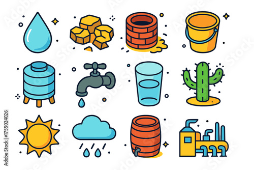 Water Scarcity Icons. Water Scarcity. Colorful isometric vector icons set of water scarcity: empty water drop, cracked soil, dry well, empty bucket, water