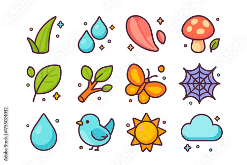 Fresh Morning Icons. Fresh Morning. Colorful isometric vector icons set of fresh morning: grass blade, dew drops, flower petal, mushroom, leaf, tree branch,