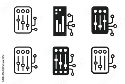 Musical Tech Logos. The impact of technology on music. Set Logo of The impact of technology on music: modular synthesizer module. harmonious logo variations of