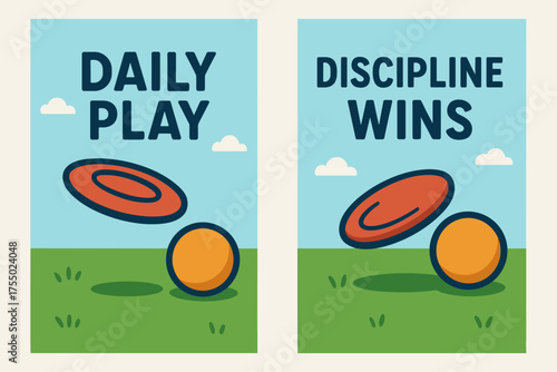 Playful Outdoor Banners. Outdoor games. Two vertical A6 banners with safe margins, centered composition, no elements touching edges, playful flat style, grass