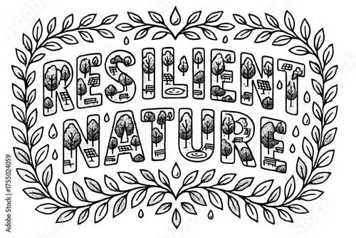 Resilient Nature Art. Decorative Display Lettering: "Resilient Nature" ? letters filled with tiny illustrations of trees, solar panels, rainwater ponds, and