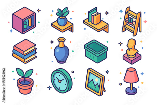 Colorful Shelf Icon Set. Interior Shelves. Colorful isometric vector icons set of interior shelves: cube shelf, wall-mounted shelf, corner shelf, ladder shelf,