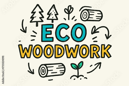 Playful Eco Doodles. Doodle / Sketch: "Eco Woodwork" ? playful hand-drawn letters, rough outlines, arrows, trees, logs, and seedlings doodles, casual youthful