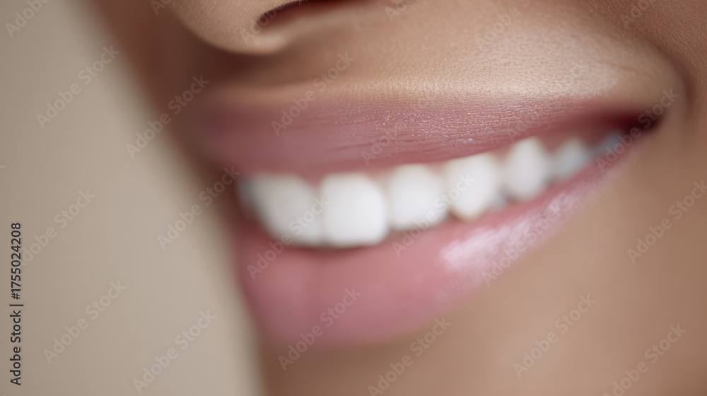 Obraz premium Detail shot of a joyful woman mouth, a beautifully restored smile thanks to a discreet and stable dental implant. Focus on natural aesthetics.