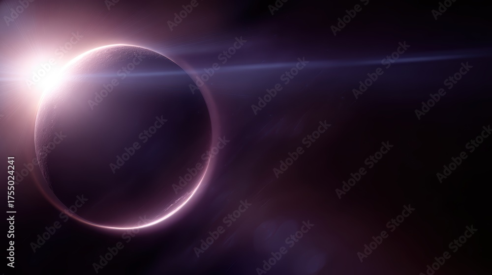 Obraz premium Dramatic 3D vector illustration of a solar eclipse, with the moon creating glowing purple circular and crescent outlines against deep space.