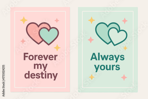 Intertwined Love Banners. Forever my destiny. Two vertical A6 banners with safe margins, centered composition, no elements touching edges, flat vector design,