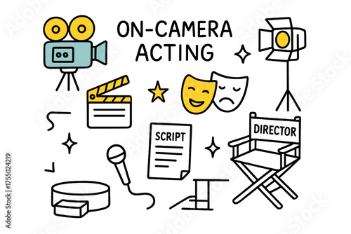 Film Industry Doodles. On-Camera Acting. Hand-drawn doodle illustration film camera (colored), clapperboard (colored), spotlight, sparkle, star, mask