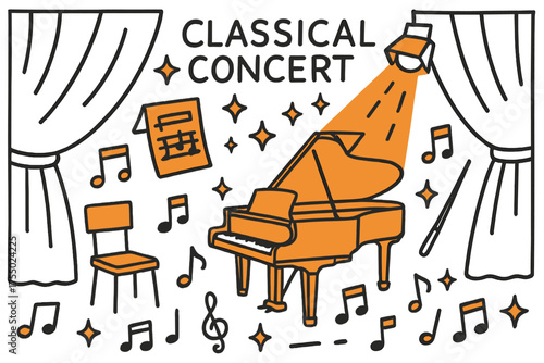 Musical Doodle Symphony. Classical Concert. Hand-drawn doodle illustration grand piano (colored), sheet music (colored), stage, spotlight (colored), sparkle,