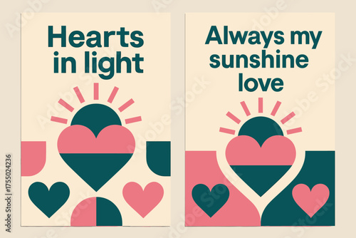 Hearts in Light Banners. Hearts in light. Two vertical A6 banners with safe margins, centered composition, no elements touching edges, bauhaus, pink and teal,