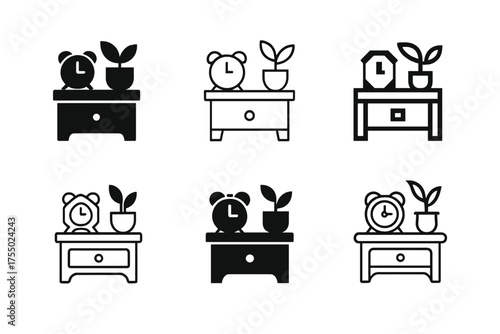 Harmonious Sleep Logos. Sleep environment. Set Logo of Sleep environment: nightstand with alarm clock and plant. harmonious logo variations of the same