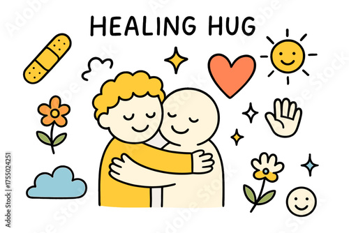 Healing Hug Doodle. Healing Hug. Hand-drawn doodle illustration hug (colored), bandage (colored), heart (colored), sparkle, star, flower, cloud (colored), sun,