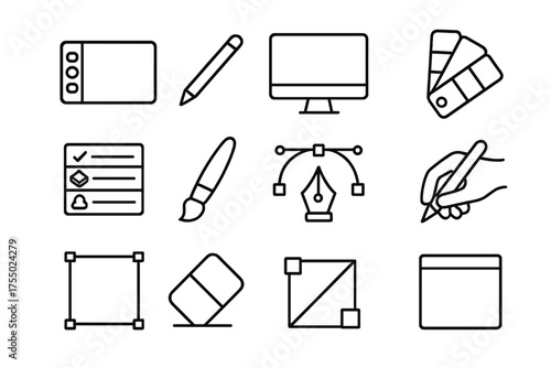 Digital Art Icons. Digital art and illustration. Line icon set of Digital art and illustration: graphics tablet, stylus pen, computer monitor, color palette,