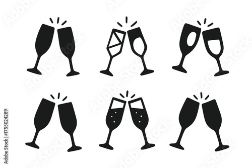 Champagne Flutes Icons. Clinking Glasses in Toast. Set Logo of Champagne Flutes: Filled silhouette, Abstract geometric, Negative space, Flat solid, Stylized