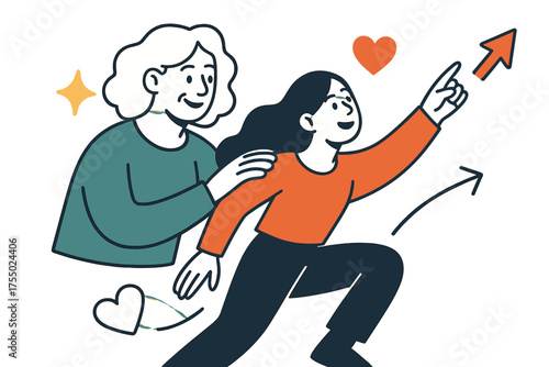 Empowering Mentorship Moment. Mentorship. Glowing older woman placing hand on shoulder of young woman, guiding upward. Floating icons of sparkle, heart, and