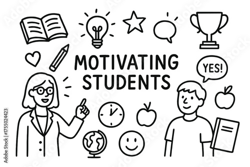 Motivating Student Icons. Motivating students. Hand-drawn doodle illustration motivating students book, pencil, lightbulb, star, heart, teacher figure, student