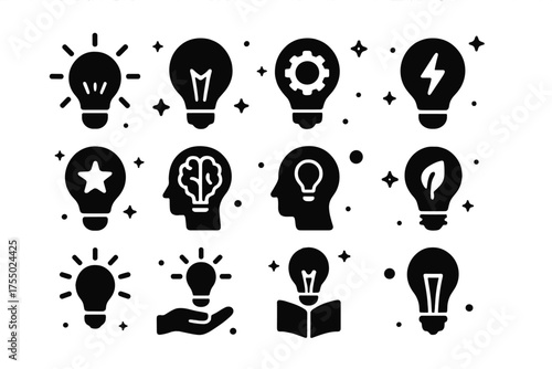 Innovation Bulb Icons. Innovation bulb. Solid icons set of Innovation bulb: glowing bulb, filament bulb, bulb with gear, bulb with lightning, bulb with star,
