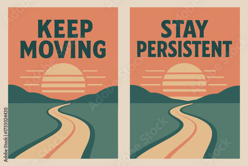 Retro Inspirational Banners. Mindset. Two vertical A6 banners with safe margins, centered composition, no elements touching edges, retro style, coral and teal,