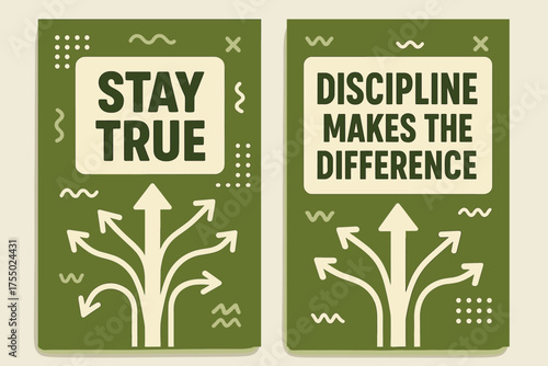 Stay True Banners. Inspiration. Two vertical A6 banners with safe margins, centered composition, no elements touching edges, memphis style, olive green and
