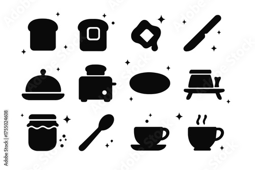 Buttered Breakfast Icons. Buttered breakfast. Solid icons set of Buttered breakfast: slice of bread, toast with butter, melting butter, butter knife, butter