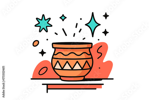 Glowing Decorative Pot. Decorative Pot. A glowing patterned empty pot on a table, abstract floating spark and star icons symbolizing beauty without need for