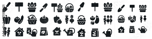 Gardening solid icons set – filled, silhouette, plants and tools symbols