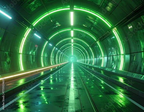 Neon Green Futuristic Tunnel: A mesmerizing perspective of a futuristic tunnel bathed in neon green, conveying a sense of technological advancement, motion, and exploration.