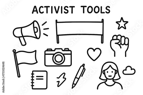 Activist Tools Doodle. Activist Tools. Hand-drawn doodle illustration Activist Tools megaphone banner camera notebook pen fist flag heart star cloud person.