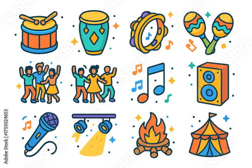 Rhythm Festival Icons. Rhythm Circle. Colorful isometric vector icons set of rhythm circle: drum, conga drum, tambourine, maracas, guitar, group of dancers,