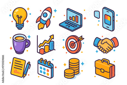 Innovator Icons Set. Innovator Lifestyle. Colorful isometric vector icons set of innovator lifestyle: light bulb, rocket, laptop, smartphone, coffee cup,