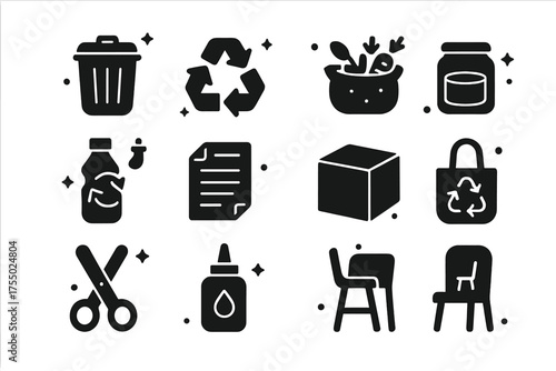 Waste Reduction Icons. Waste Reduction. Solid icons set of Waste Reduction: trash bin, recycling symbol, compost, reused bottle, paper, cardboard, metal can,