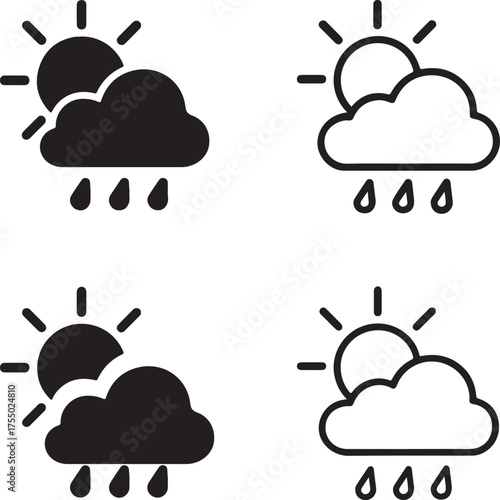Isolated weather icons, black weather sun cloud symbol, climate forecast vector, minimal thin stroke weather element icon, seasonal temperature design, editable meteorology illustration