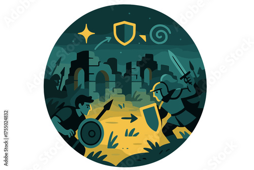 Vibrant Battle Symbolism. Encircled cover. Glowing battlefield terrain with both armies hidden on opposite sides of ruins. Floating icons of sparkle, shield,