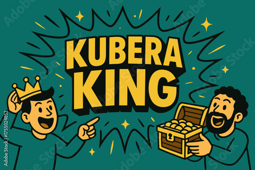 Kubera King Extravaganza. Kubera King banner, flat vector illustration, bold oversized text inside splash explosion, cartoon characters shouting and pointing,