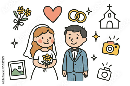 Wedding Doodle Illustration. Bride & Groom. Hand-drawn doodle illustration bride (colored), groom (colored), bouquet (colored), rings, heart (colored),